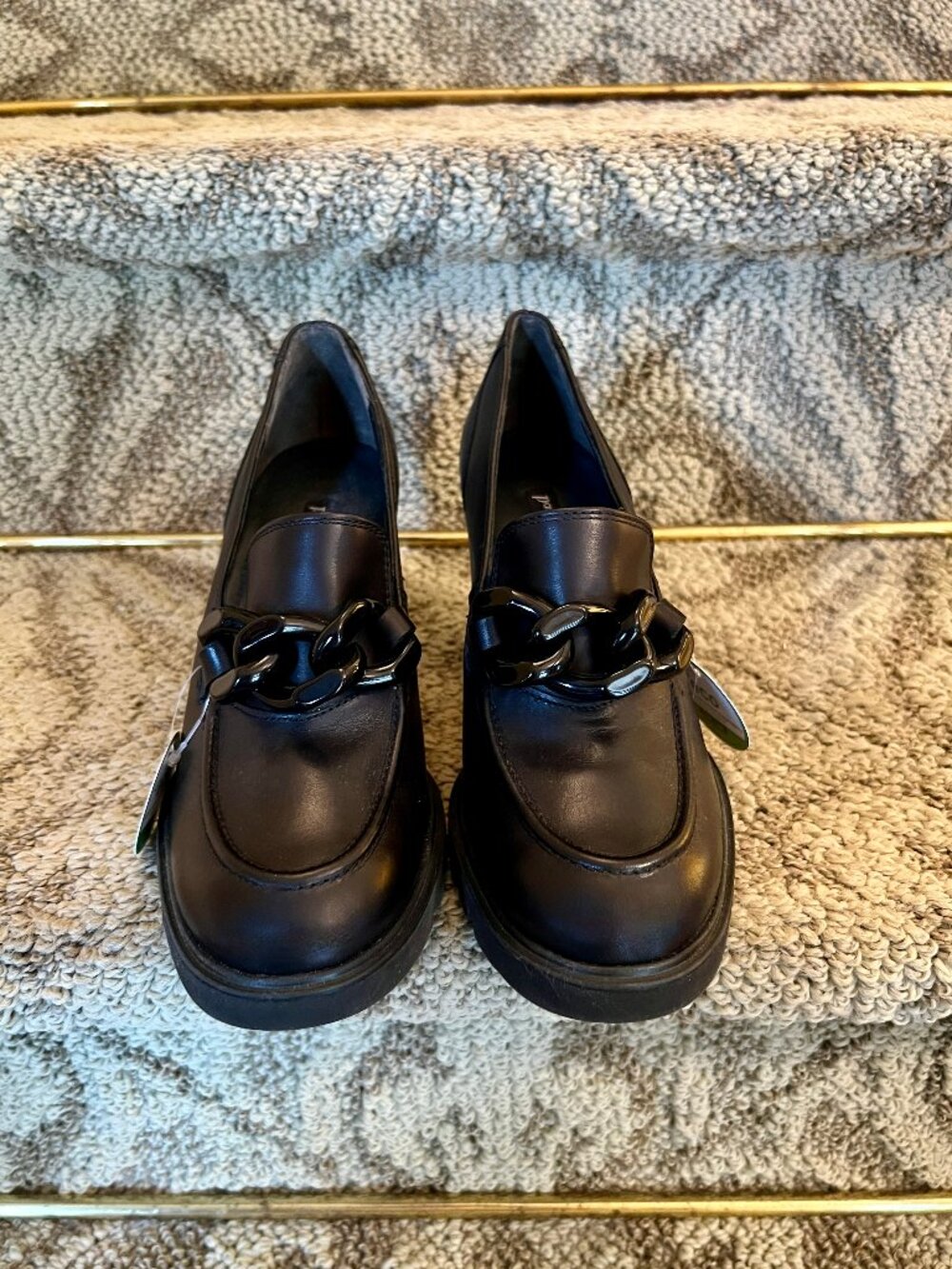NWOB Paul Green Chunky Black Leather Heeled Chain Loafers Pumps Size 4.5 or US 7 - Picture 4 of 9